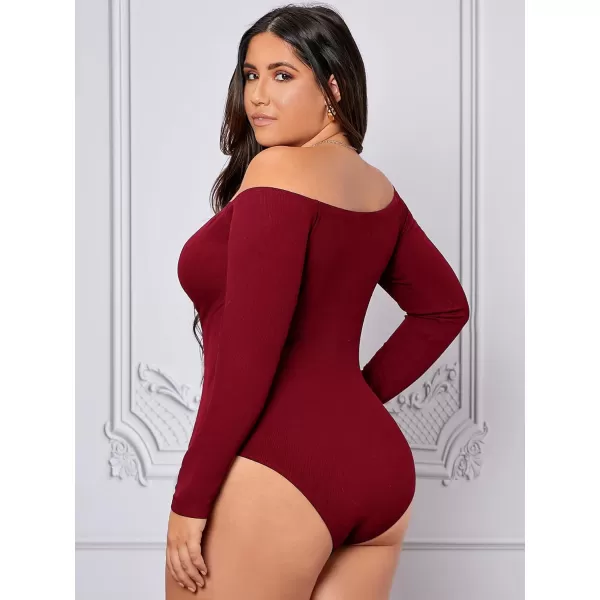 WDIRARA Women's Plus Size Off the Shoulder Long Sleeve Ruched Bodysuit Tops