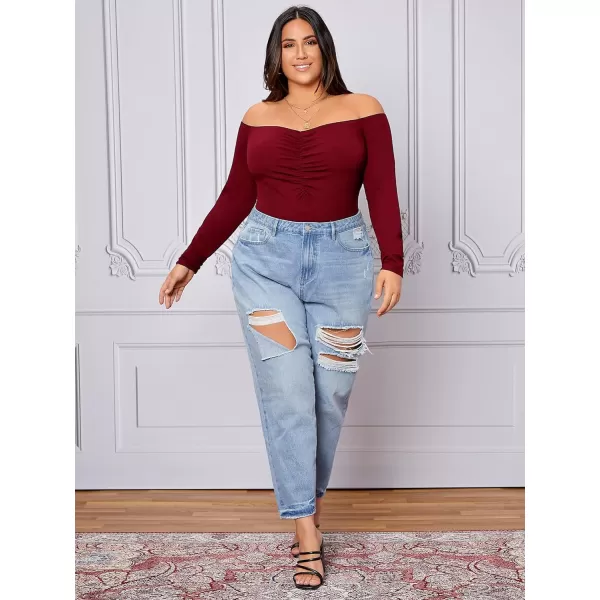 WDIRARA Women's Plus Size Off the Shoulder Long Sleeve Ruched Bodysuit Tops