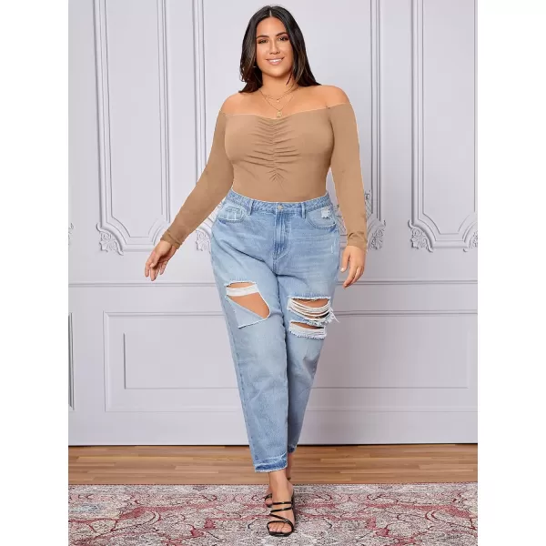 WDIRARA Women's Plus Size Off the Shoulder Long Sleeve Ruched Bodysuit Tops