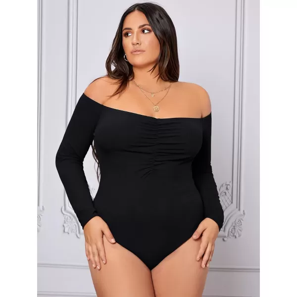WDIRARA Women's Plus Size Off the Shoulder Long Sleeve Ruched Bodysuit Tops