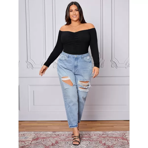 WDIRARA Women's Plus Size Off the Shoulder Long Sleeve Ruched Bodysuit Tops