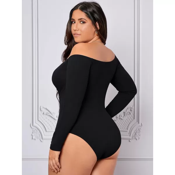 WDIRARA Women's Plus Size Off the Shoulder Long Sleeve Ruched Bodysuit Tops