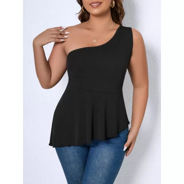 WDIRARA Women's Plus Size One Shoulder Asymmetrical Neck Sleeveless Flare Hem Peplum Top