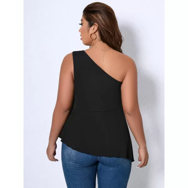 WDIRARA Women's Plus Size One Shoulder Asymmetrical Neck Sleeveless Flare Hem Peplum Top