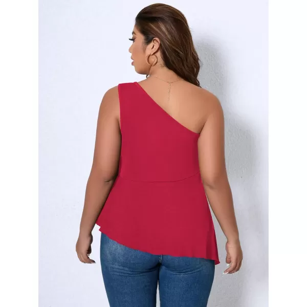 WDIRARA Women's Plus Size One Shoulder Asymmetrical Neck Sleeveless Flare Hem Peplum Top