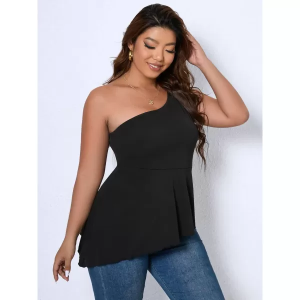WDIRARA Women's Plus Size One Shoulder Asymmetrical Neck Sleeveless Flare Hem Peplum Top