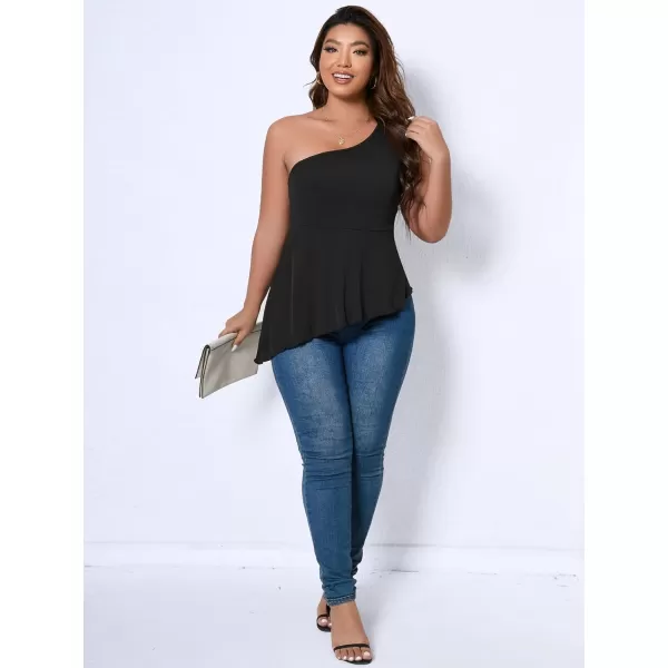 WDIRARA Women's Plus Size One Shoulder Asymmetrical Neck Sleeveless Flare Hem Peplum Top