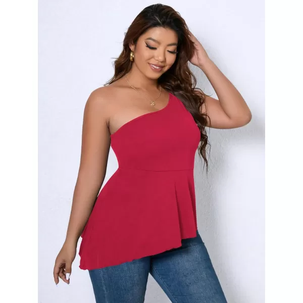 WDIRARA Women's Plus Size One Shoulder Asymmetrical Neck Sleeveless Flare Hem Peplum Top