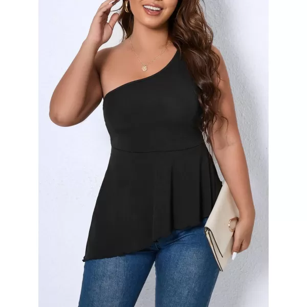 WDIRARA Women's Plus Size One Shoulder Asymmetrical Neck Sleeveless Flare Hem Peplum Top