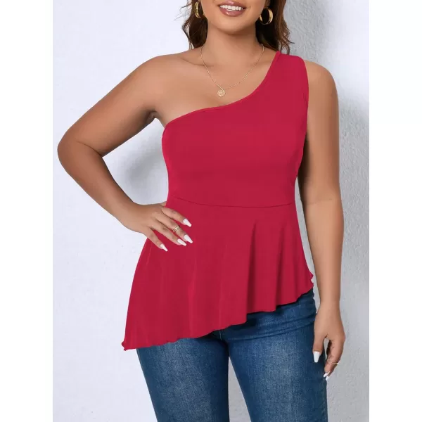 WDIRARA Women's Plus Size One Shoulder Asymmetrical Neck Sleeveless Flare Hem Peplum Top