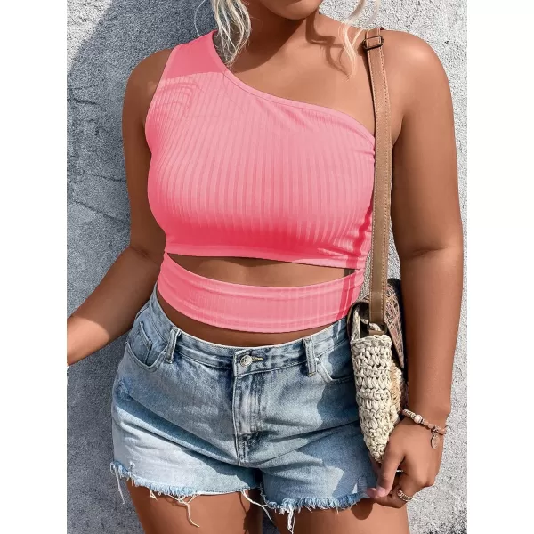 WDIRARA Women's Plus Size One Shoulder Cut Out Sleeveless Rib Knit Crop Top