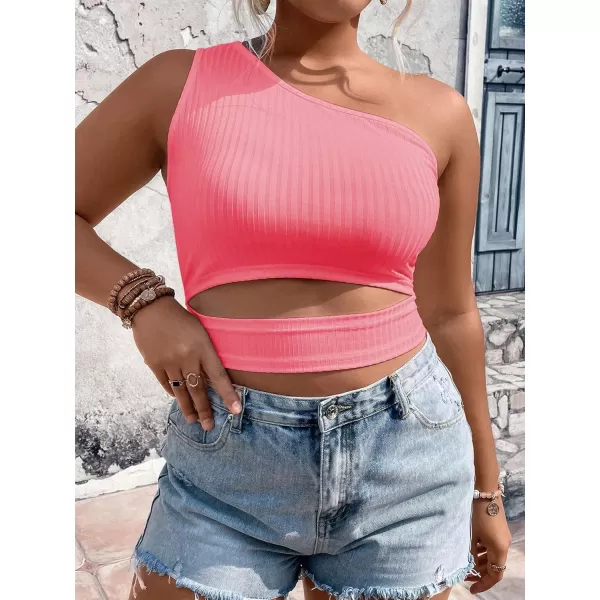 WDIRARA Women's Plus Size One Shoulder Cut Out Sleeveless Rib Knit Crop Top
