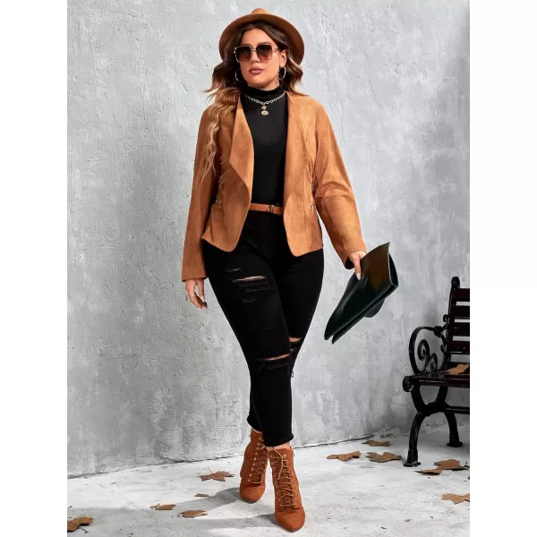 WDIRARA Women's Plus Size Open Front Faux Suede Long Sleeve Work Office Jacket Blazer