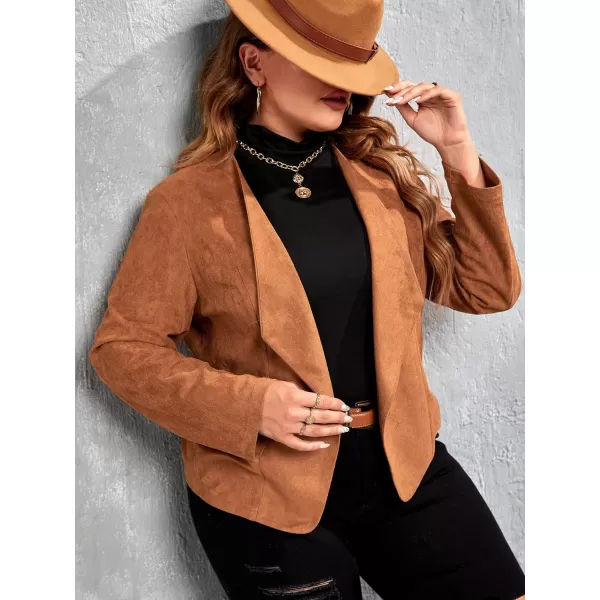 WDIRARA Women's Plus Size Open Front Faux Suede Long Sleeve Work Office Jacket Blazer