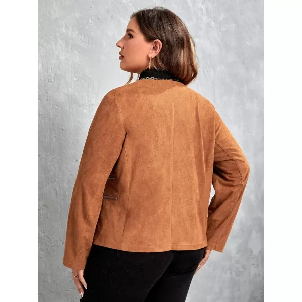 WDIRARA Women's Plus Size Open Front Faux Suede Long Sleeve Work Office Jacket Blazer