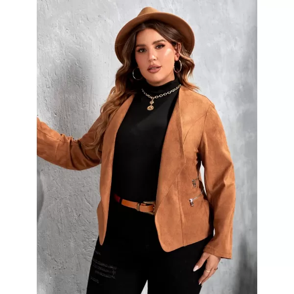 WDIRARA Women's Plus Size Open Front Faux Suede Long Sleeve Work Office Jacket Blazer