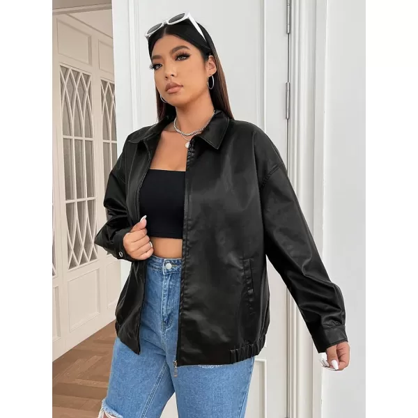 WDIRARA Women's Plus Size PU Leather Drop Shoulder Jacket Zip Up Long Sleeve Collared Textured Outerwear Jackets