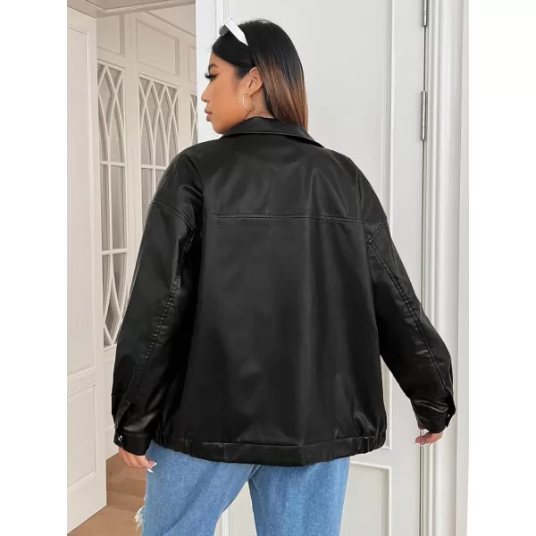 WDIRARA Women's Plus Size PU Leather Drop Shoulder Jacket Zip Up Long Sleeve Collared Textured Outerwear Jackets