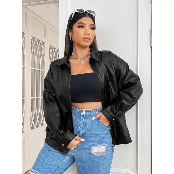 WDIRARA Women's Plus Size PU Leather Drop Shoulder Jacket Zip Up Long Sleeve Collared Textured Outerwear Jackets