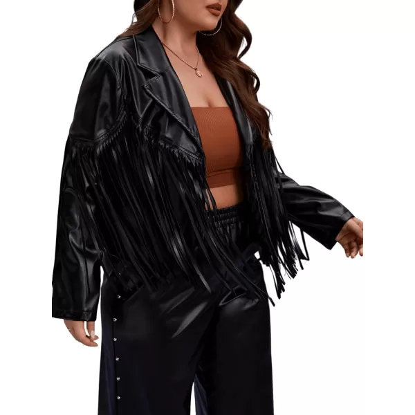 WDIRARA Women's Plus Size PU Leather Fringe Trim Open Front Lapel Neck Long Sleeve Jacket Casual Outwear Coat
