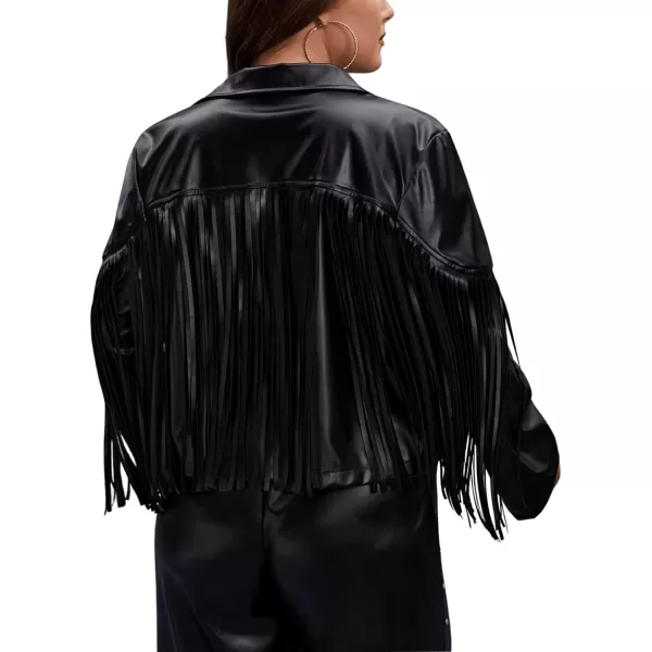 WDIRARA Women's Plus Size PU Leather Fringe Trim Open Front Lapel Neck Long Sleeve Jacket Casual Outwear Coat