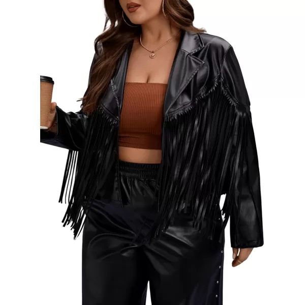 WDIRARA Women's Plus Size PU Leather Fringe Trim Open Front Lapel Neck Long Sleeve Jacket Casual Outwear Coat