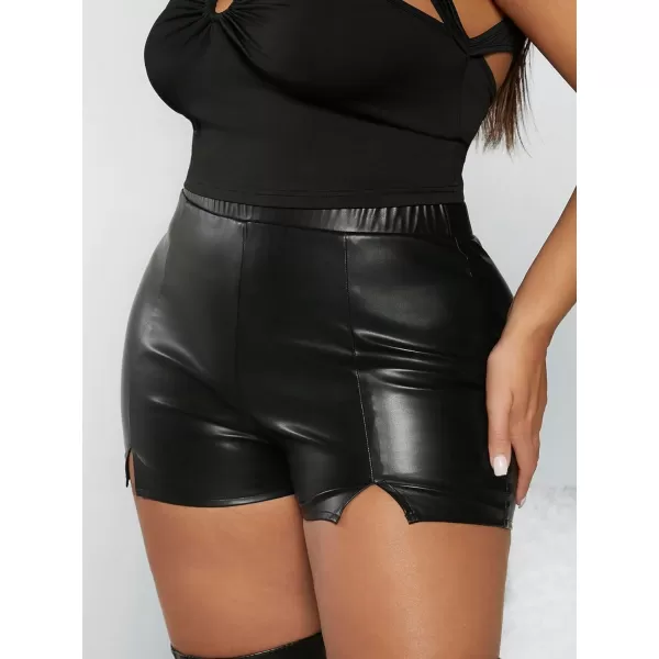 WDIRARA Women's Plus Size PU Leather Split Hem High Waisted Bodycon Party Shorts