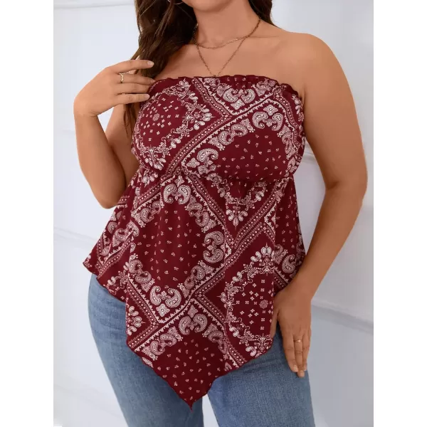 WDIRARA Women's Plus Size Paisley Print Sleeveless Strapless Asymmetrical Hem Tube Top