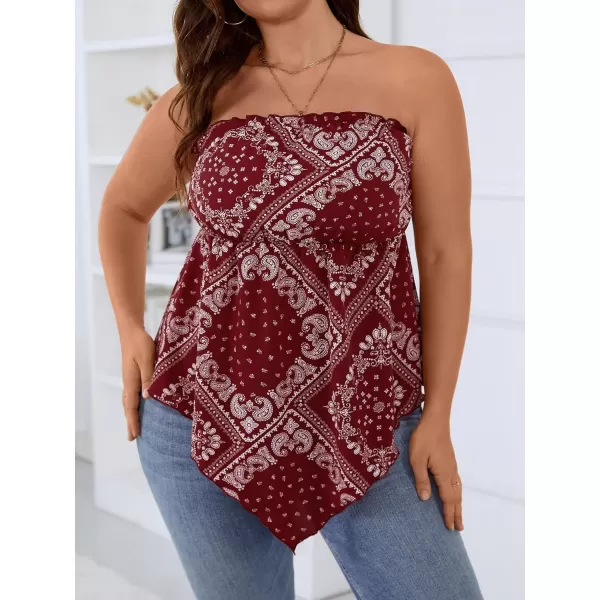 WDIRARA Women's Plus Size Paisley Print Sleeveless Strapless Asymmetrical Hem Tube Top