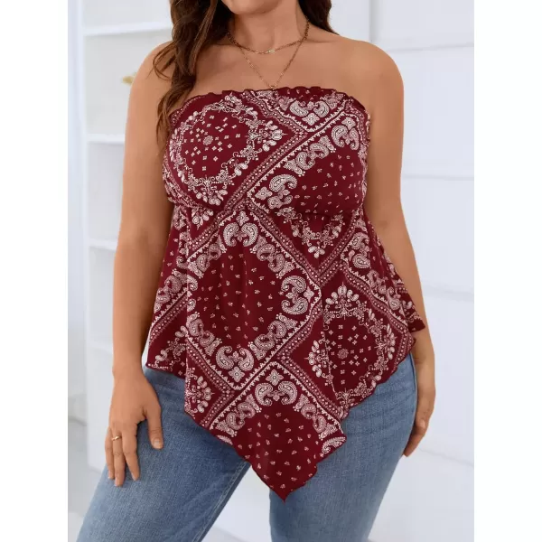 WDIRARA Women's Plus Size Paisley Print Sleeveless Strapless Asymmetrical Hem Tube Top