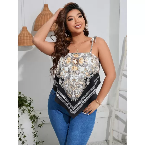 WDIRARA Women's Plus Size Paisley Print Tie Shoulder Sleeveless Hanky Hem Cami Top