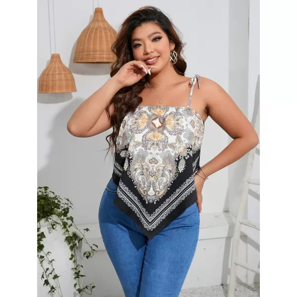 WDIRARA Women's Plus Size Paisley Print Tie Shoulder Sleeveless Hanky Hem Cami Top