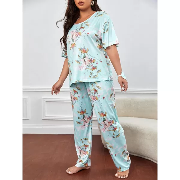 WDIRARA Women's Plus Size Pajama Set Heart Print Short Sleeve Top And Pants With Eye Cover