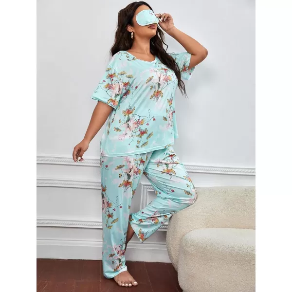 WDIRARA Women's Plus Size Pajama Set Heart Print Short Sleeve Top And Pants With Eye Cover