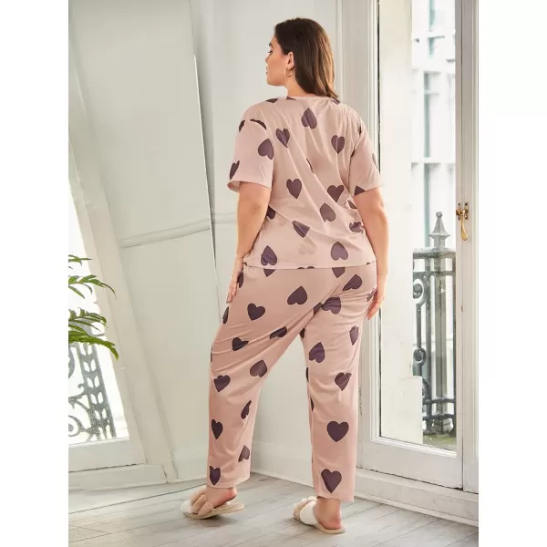 WDIRARA Women's Plus Size Pajama Set Heart Print Short Sleeve Top And Pants With Eye Cover