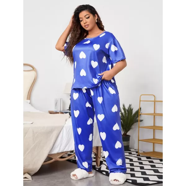 WDIRARA Women's Plus Size Pajama Set Heart Print Short Sleeve Top And Pants With Eye Cover