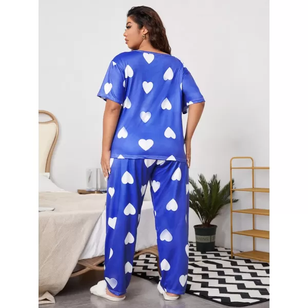 WDIRARA Women's Plus Size Pajama Set Heart Print Short Sleeve Top And Pants With Eye Cover