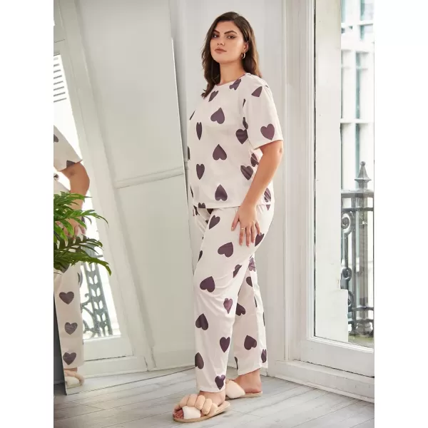 WDIRARA Women's Plus Size Pajama Set Heart Print Short Sleeve Top And Pants With Eye Cover