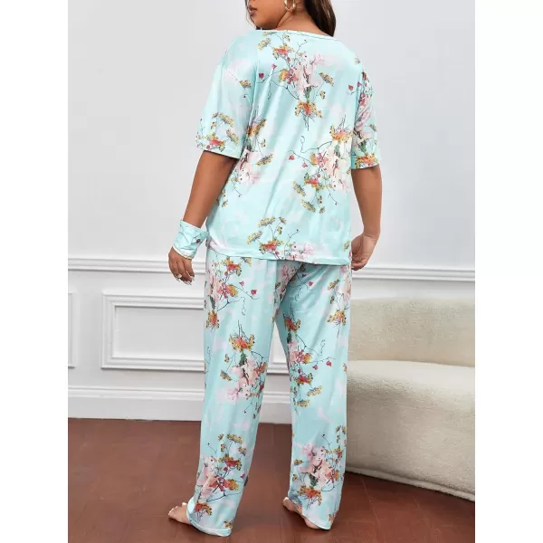 WDIRARA Women's Plus Size Pajama Set Heart Print Short Sleeve Top And Pants With Eye Cover