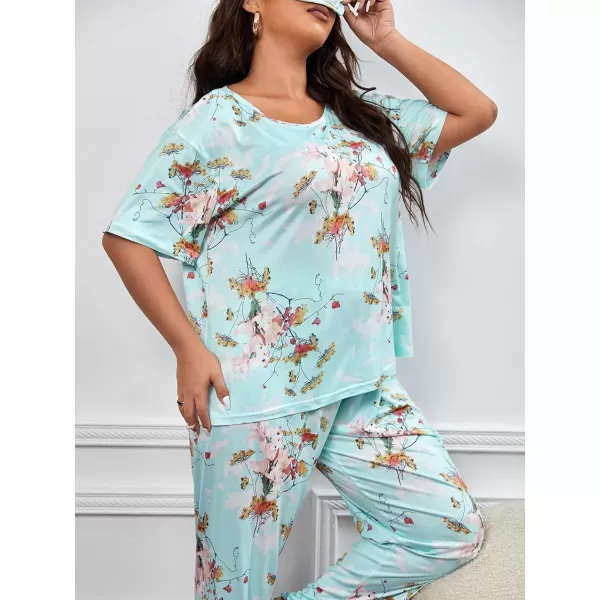WDIRARA Women's Plus Size Pajama Set Heart Print Short Sleeve Top And Pants With Eye Cover