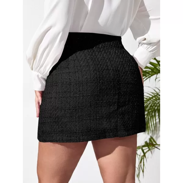 WDIRARA Women's Plus Size Plaid Button Tweed Skirt Casual High Waist Skirts
