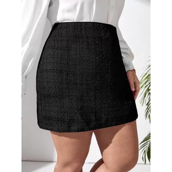 WDIRARA Women's Plus Size Plaid Button Tweed Skirt Casual High Waist Skirts