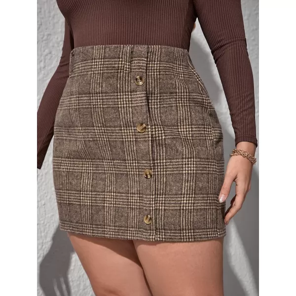 WDIRARA Women's Plus Size Plaid High Waist Button Front Skirt Elegant Skirts