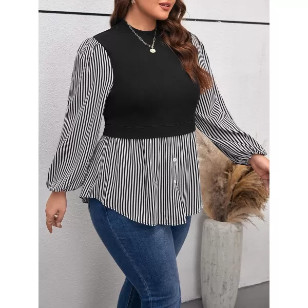 WDIRARA Women's Plus Size Plaid Long Sleeve Ruffle Hem Collared Casual Blouse Top