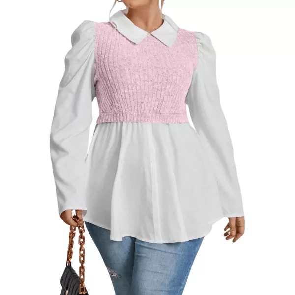 WDIRARA Women's Plus Size Plaid Long Sleeve Ruffle Hem Collared Casual Blouse Top