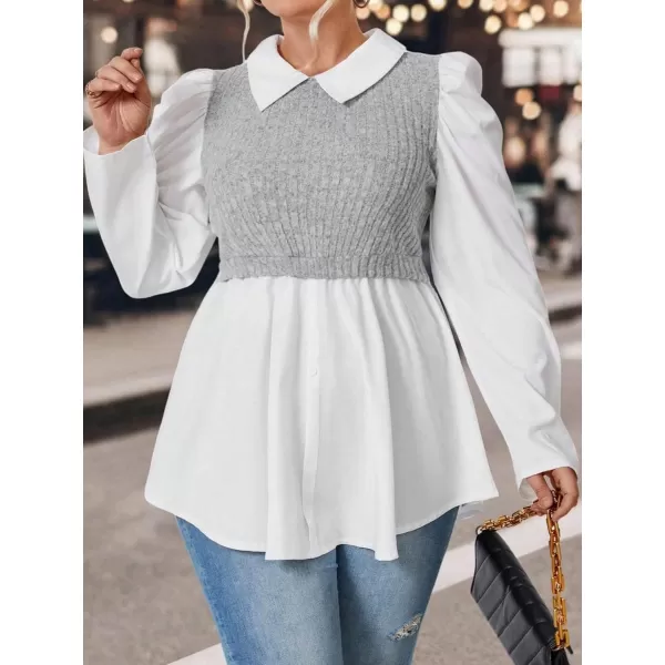 WDIRARA Women's Plus Size Plaid Long Sleeve Ruffle Hem Collared Casual Blouse Top