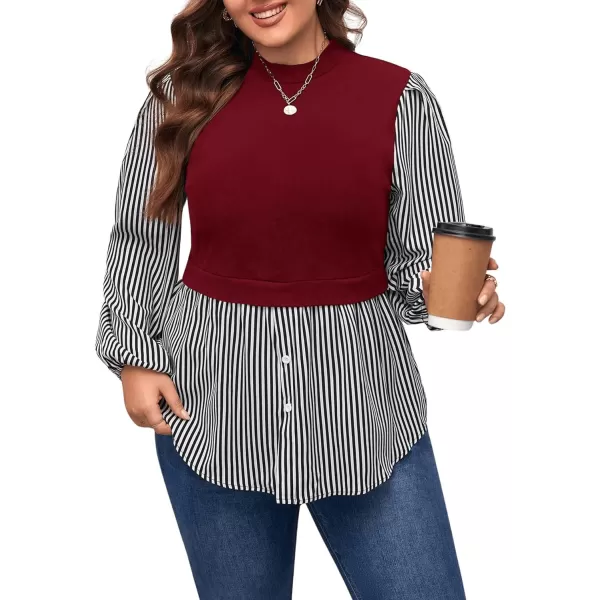 WDIRARA Women's Plus Size Plaid Long Sleeve Ruffle Hem Collared Casual Blouse Top