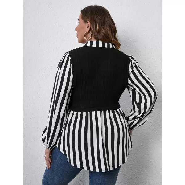 WDIRARA Women's Plus Size Plaid Long Sleeve Ruffle Hem Collared Casual Blouse Top