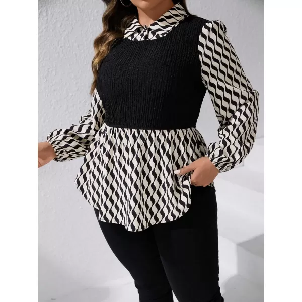 WDIRARA Women's Plus Size Plaid Long Sleeve Ruffle Hem Collared Casual Blouse Top