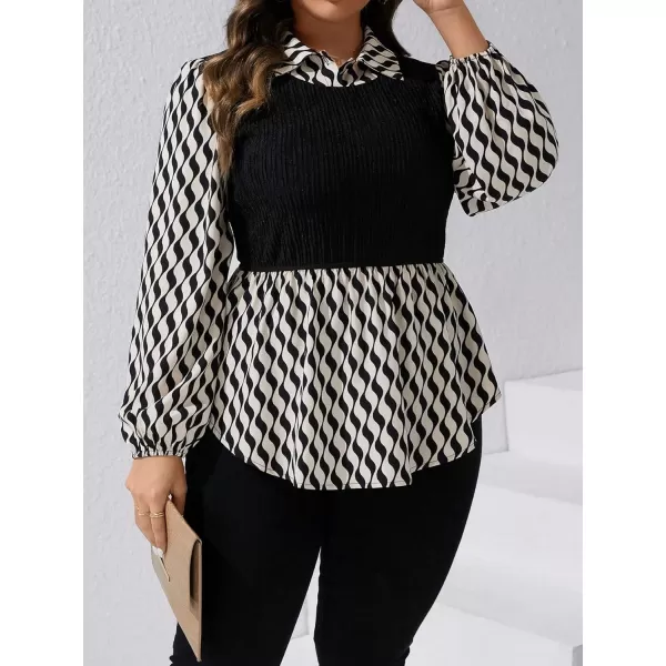 WDIRARA Women's Plus Size Plaid Long Sleeve Ruffle Hem Collared Casual Blouse Top